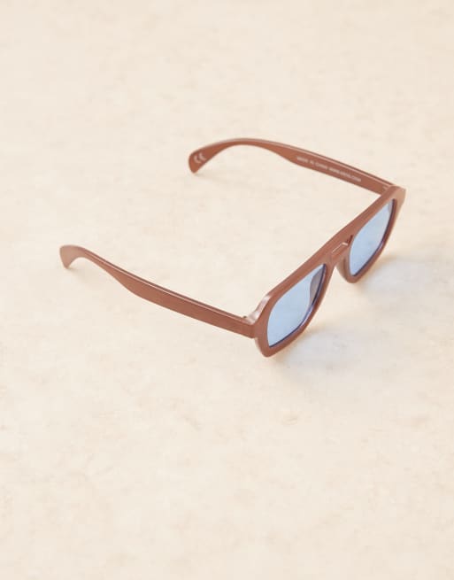 ASOS DESIGN chunky aviator sunglasses in milky brown with blue lenses, 3 of 3