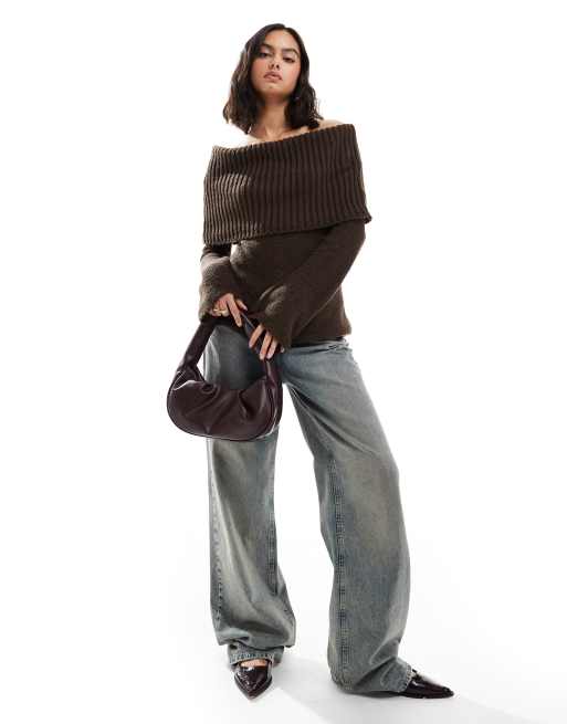 ASOS DESIGN chunky bardot rib jumper in chocolate