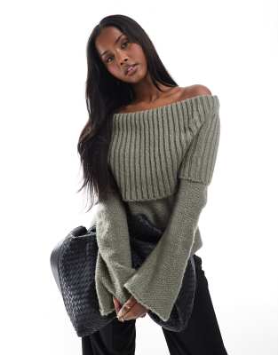 chunky bardot rib sweater in sage-Green