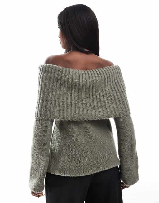 ASOS DESIGN chunky bardot rib jumper in sage