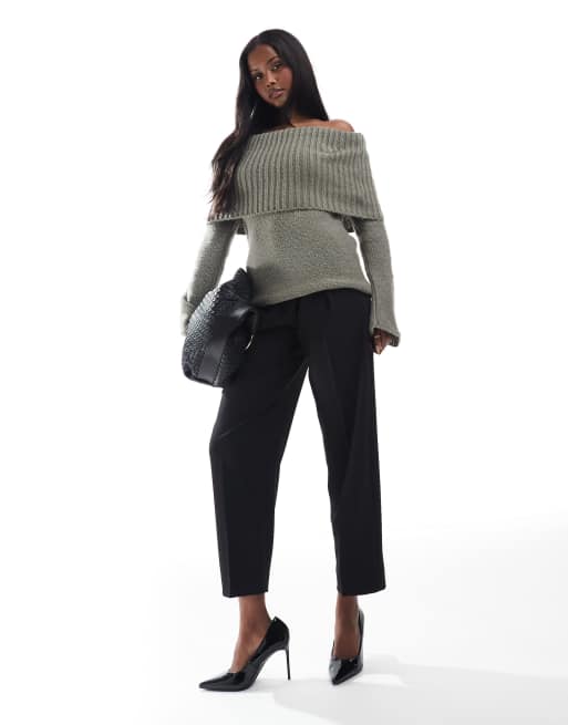ASOS DESIGN chunky bardot rib jumper in sage