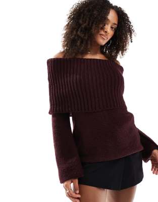Asos Design Chunky Bardot Ribbed Sweater In Burgundy-red