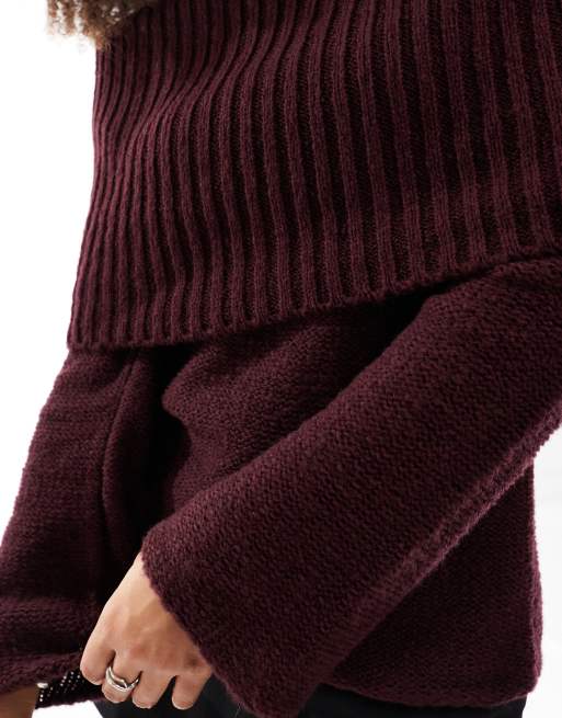 ASOS DESIGN chunky bardot ribbed sweater in burgundy | ASOS