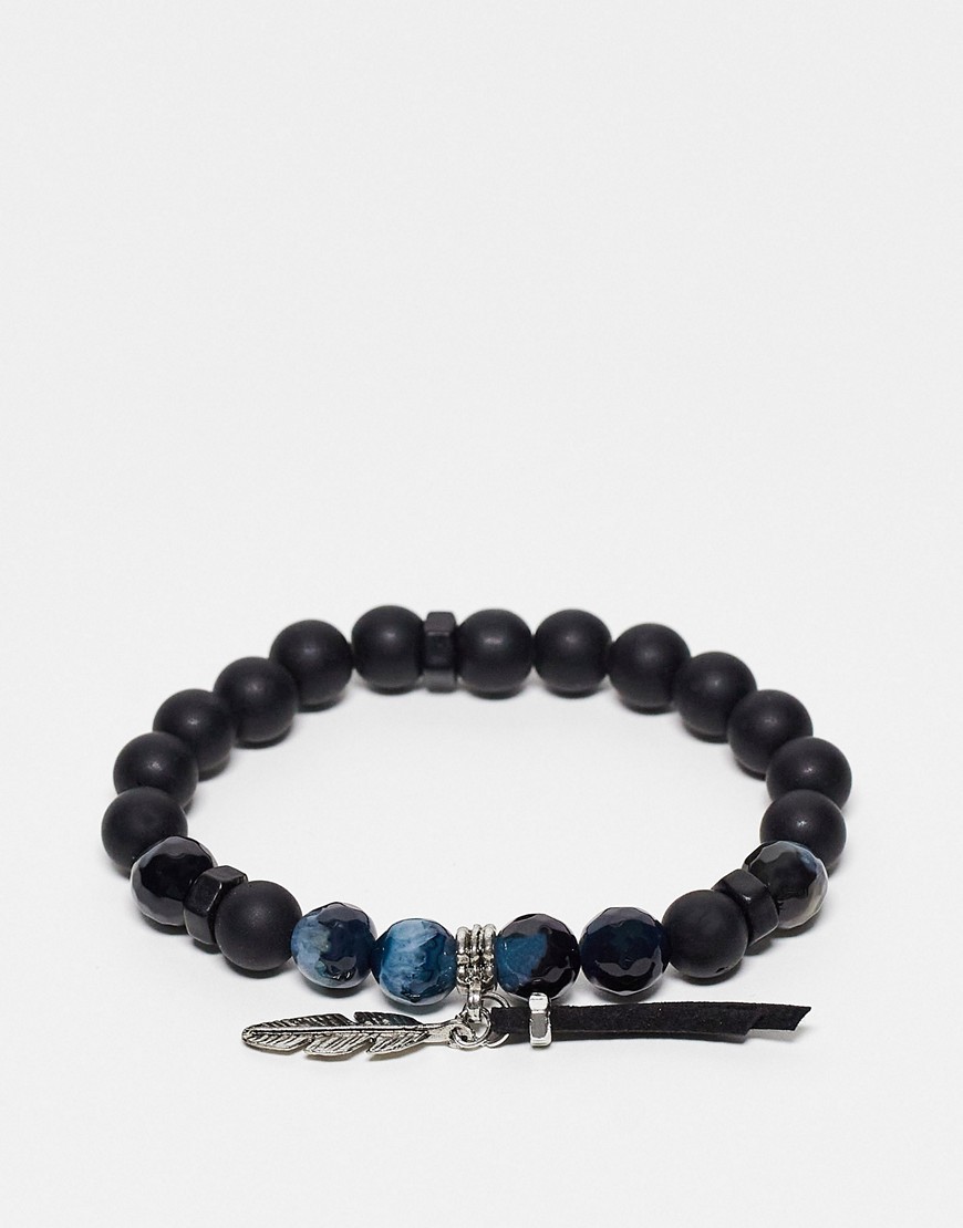 ASOS DESIGN chunky beaded bracelet with semi precious stone in black