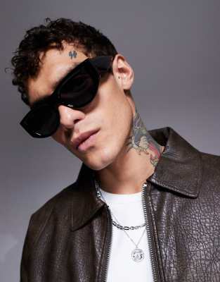 Asos Design Chunky Beveled Flat Brow Square Sunglasses In Black