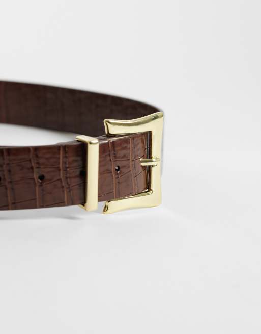 ASOS DESIGN chunky bælte med firkantet spænde til hofte og talje i chokoladebrun croc, 3 af 4