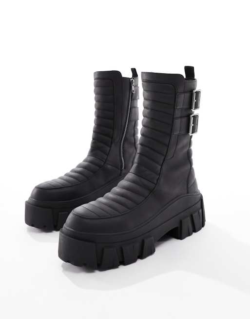 ASOS DESIGN chunky boots in black faux leather with padding and buckle  details