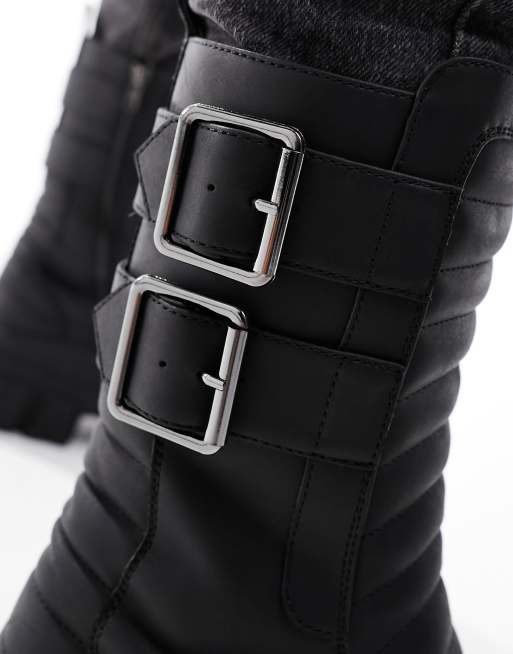 ASOS DESIGN chunky boots in black faux leather with padding and buckle details , 3 of 4
