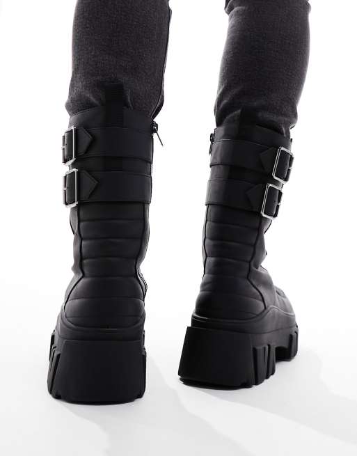 ASOS DESIGN chunky boots in black faux leather with padding and buckle details , 4 of 4