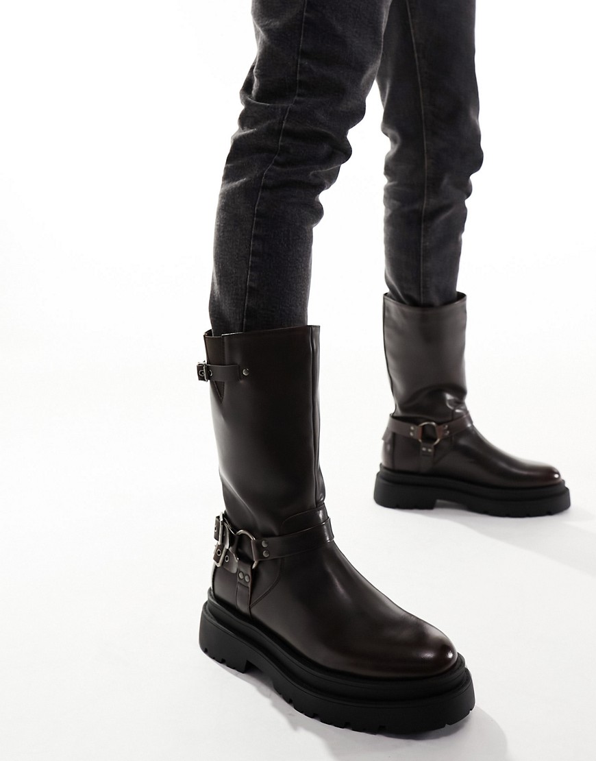 Asos Design Chunky Boots In Brown With Vintage Effect Silver Buckles