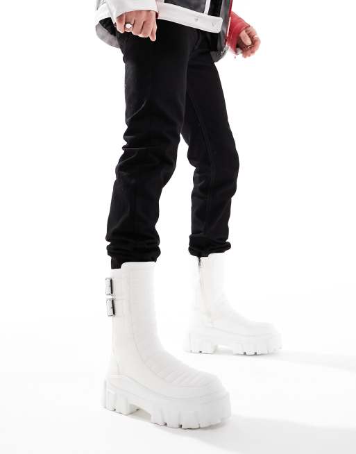 ASOS DESIGN chunky boots in white faux leather with padding and buckle  details