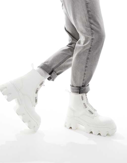 ASOS DESIGN chunky boots in white faux leather with zip detail