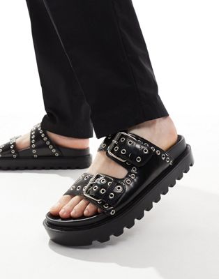  chunky buckle sandal  pu with all over silver eyelets