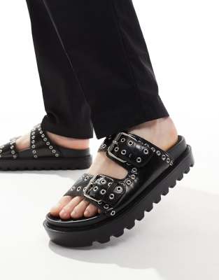 ASOS DESIGN chunky buckle sandal in black pu with all over silver eyelets