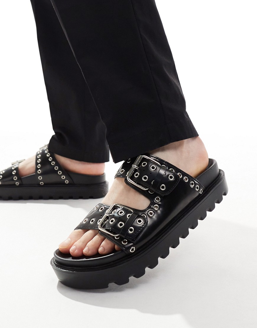 chunky buckle sandal in black pu with all over silver eyelets