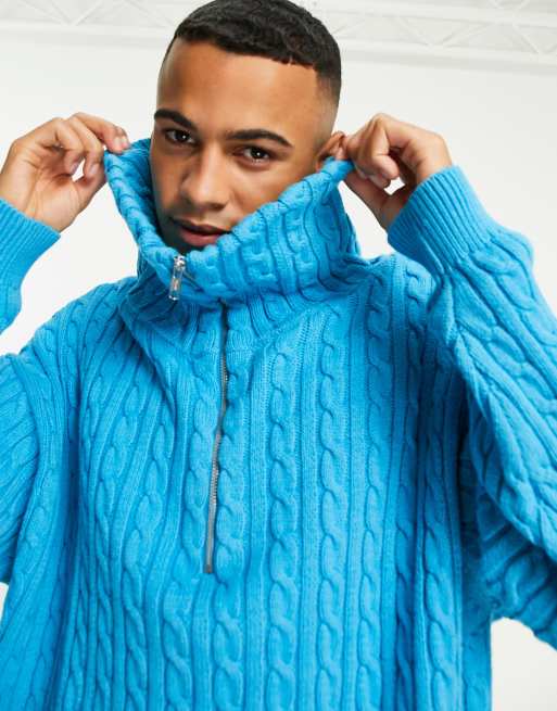 ASOS DESIGN chunky cable knit half zip jumper in bright blue ASOS