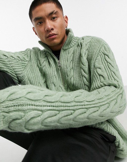 ASOS DESIGN chunky cable knit half zip jumper in khaki