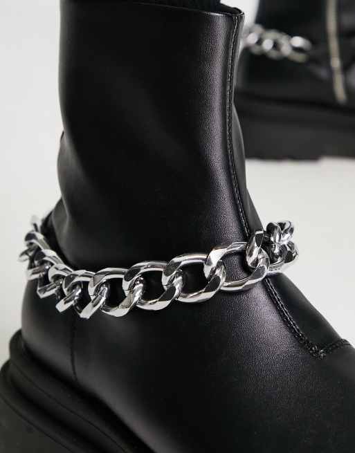 ASOS DESIGN chunky calf boot in black faux leather with silver chain, 3 of 4