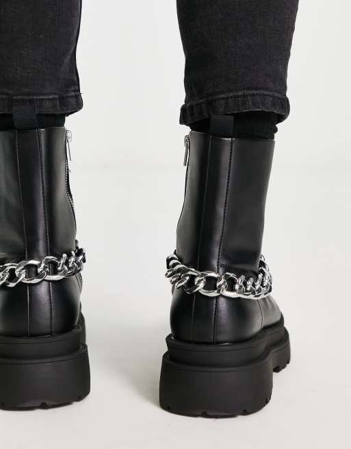 ASOS DESIGN chunky calf boots in black faux leather with silver chain, 2 of 4