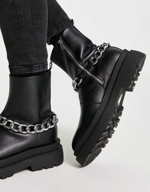 ASOS DESIGN chunky calf boots in black faux leather with silver chain, 4 of 4