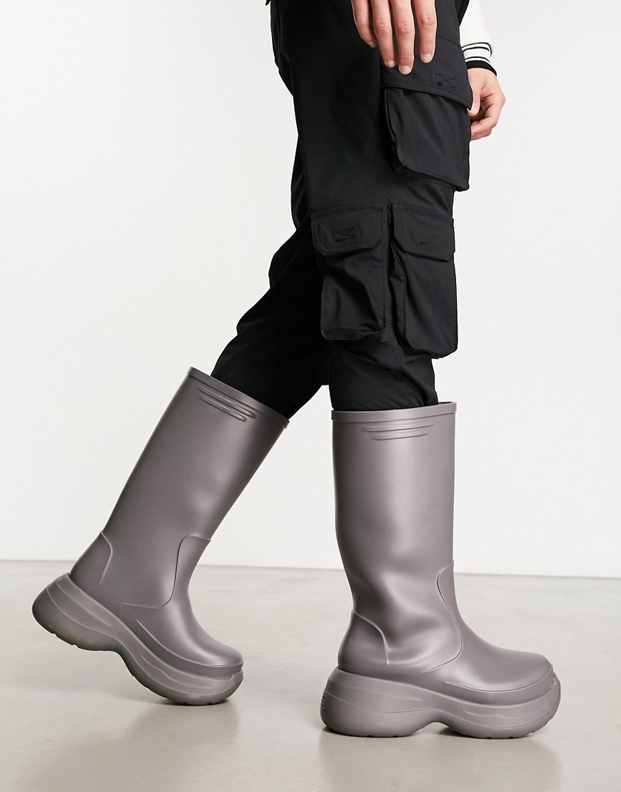 Asos Design Chunky Calf Length Wellington Boots In Charcoal-Grey
