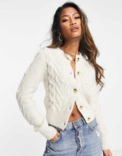 ASOS DESIGN chunky cardigan in cable stitch in cream | ASOS