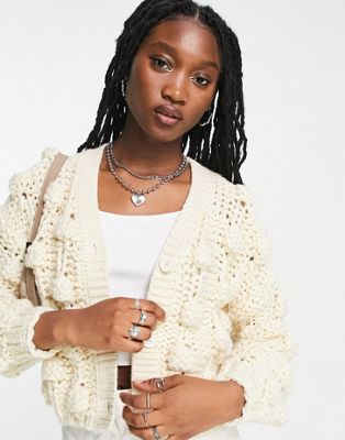 ASOS DESIGN chunky cardigan in hand knit bobble stitch in cream