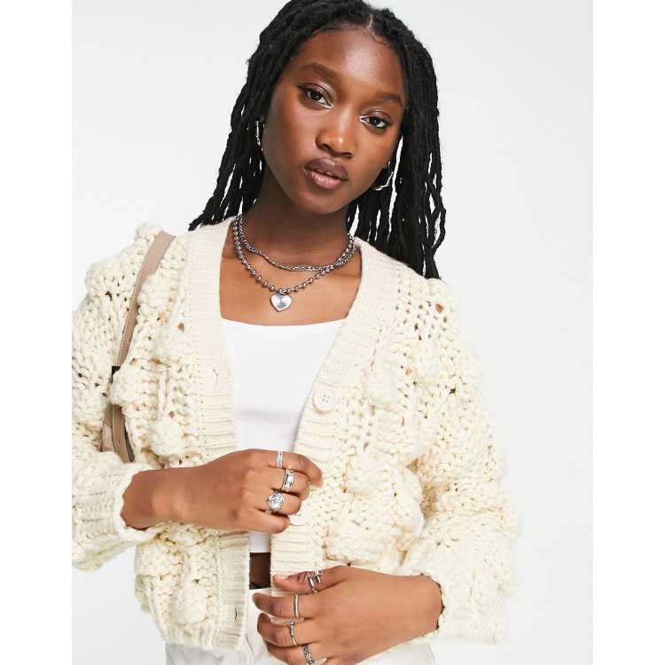 ASOS DESIGN chunky cardigan in hand knit bobble stitch in cream ASOS