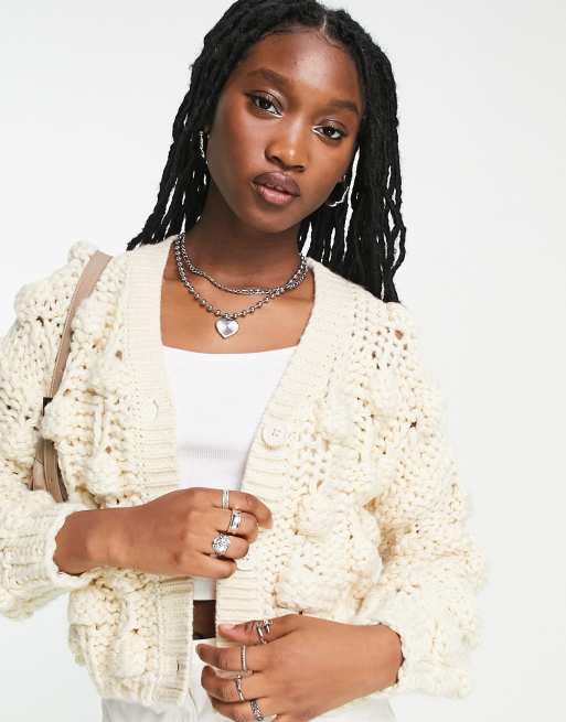 ASOS DESIGN chunky cardigan in hand knit bobble stitch in cream ASOS