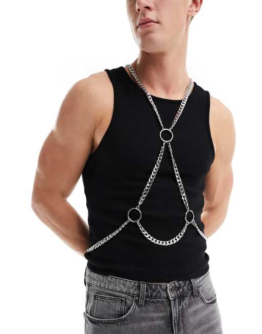 FhyzicsShops DESIGN chunky chain body harness with ring detail in silver tone