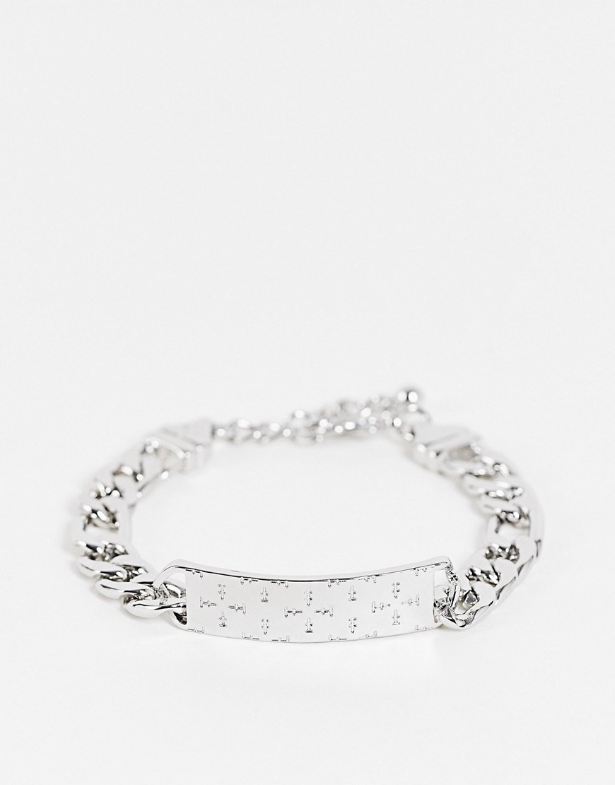 ASOS DESIGN chunky chain bracelet with cross emboss and tag detail-Silver