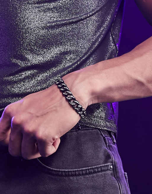 ASOS DESIGN chunky chain bracelet with pave in shiny black finish