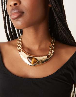 Asos Design Chunky Chain Link Necklace With Tiger's Eye Stone In Gold