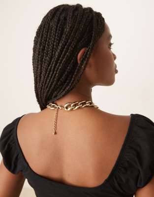 Asos Design Chunky Chain Link Necklace With Tiger's Eye Stone In Gold
