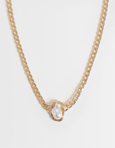 ASOS DESIGN chunky chain necklace with faux pearl stone set in gold tone - view 1