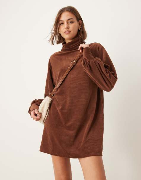 ASOS DESIGN chunky cord roll neck slouchy mini dress in chocolate - view 1
