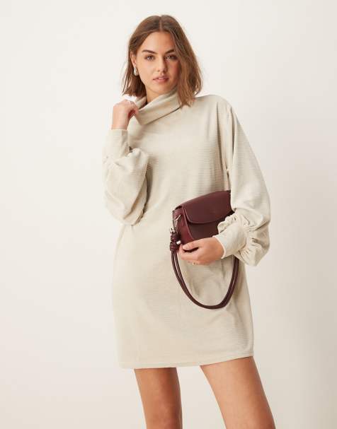 ASOS DESIGN chunky cord roll neck slouchy mini dress in stone - view 1