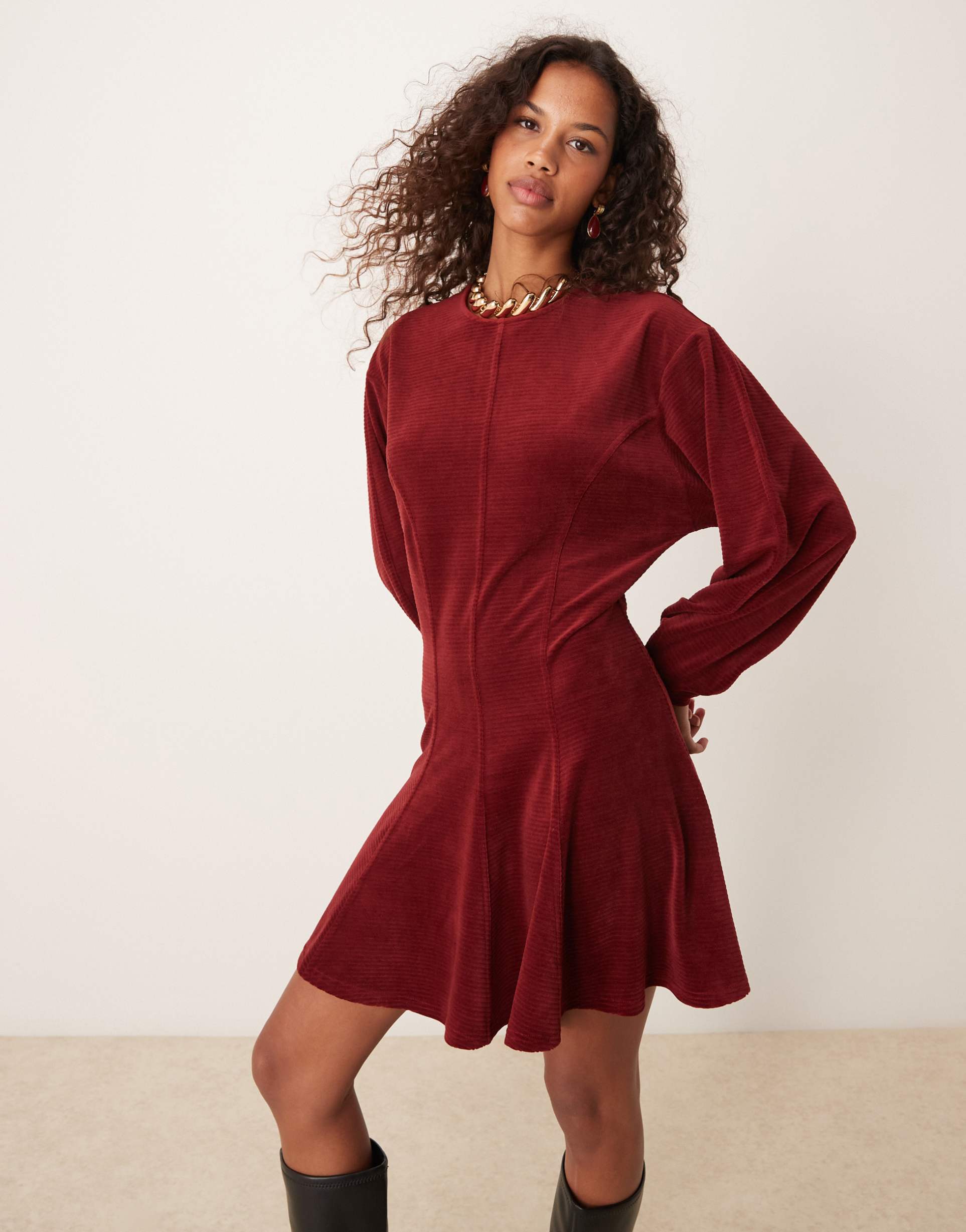 asos design chunky corduroy flared hem keyhole back mini dress in rust