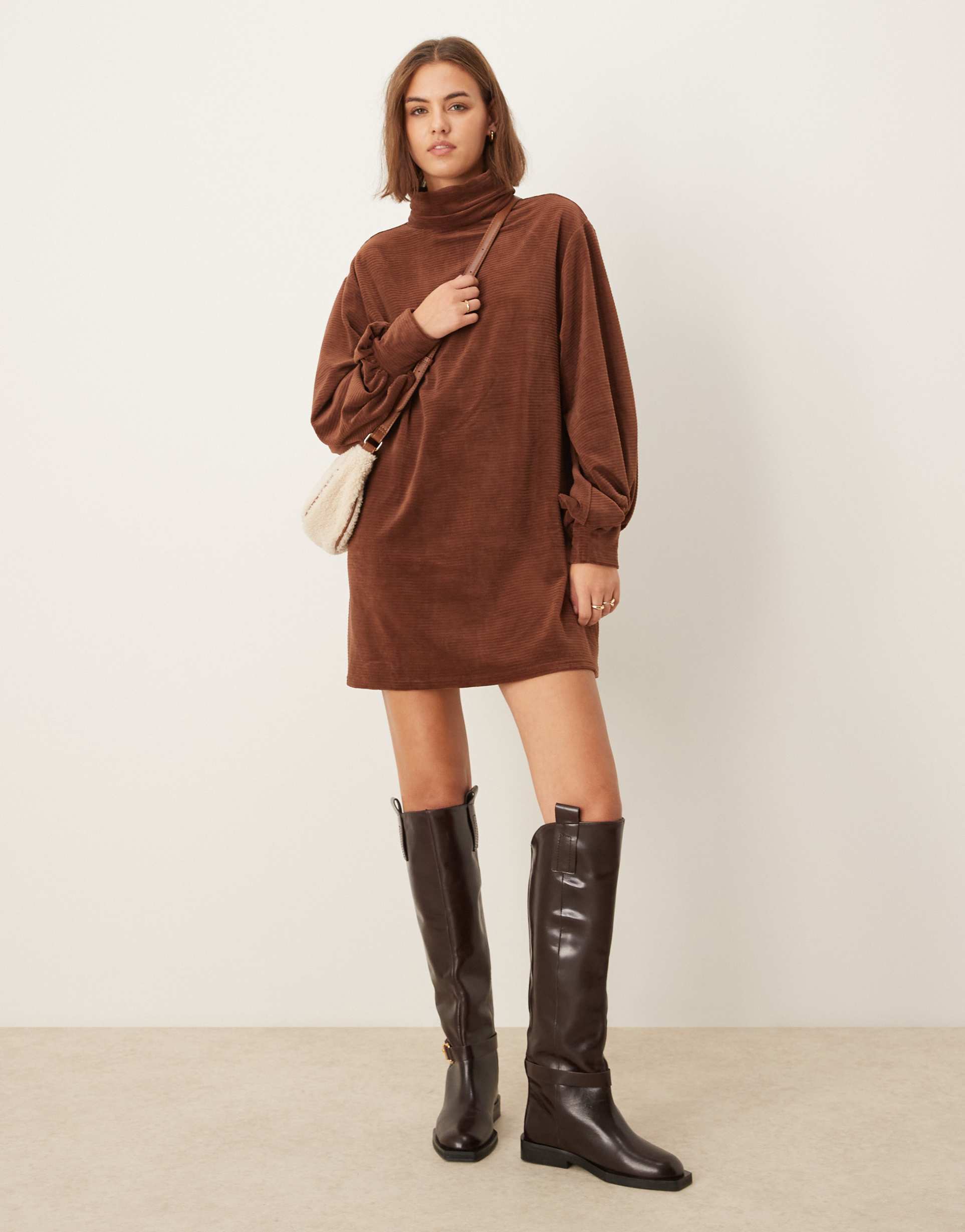 asos design chunky corduroy turtle neck slouchy mini dress in chocolate