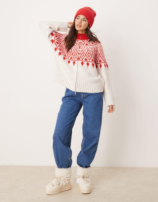ASOS DESIGN - Chunky cremehvid cardigan med lynlås og rødt fairisle-mønster, 3 af 4