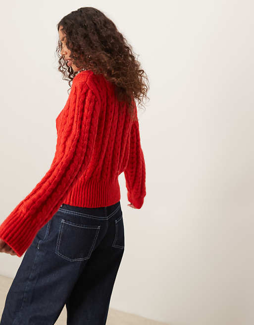 ASOS DESIGN chunky crew neck cardigan in cable stitch in red ASOS DESIGN chunky crew neck cardigan in cable stitch in red