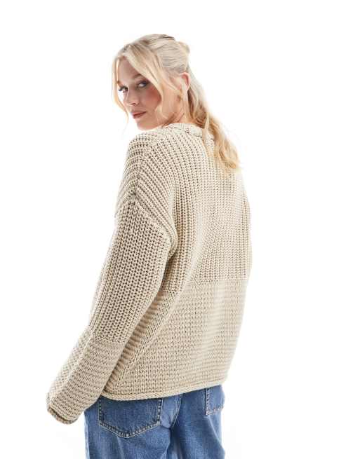 ASOS DESIGN chunky crew neck jumper in oatmeal, 2 of 4