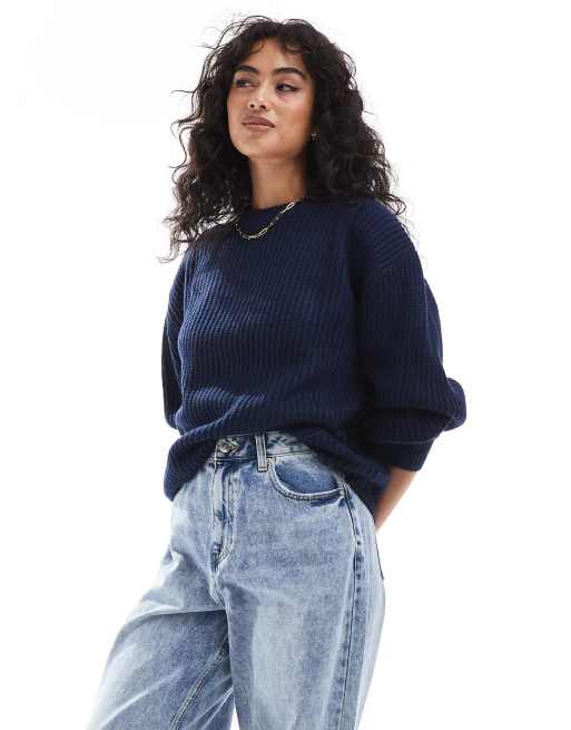 ASOS DESIGN chunky crew neck rib jumper in navy ASOS