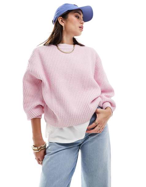 ASOS DESIGN chunky crew neck rib jumper in pink - view 1