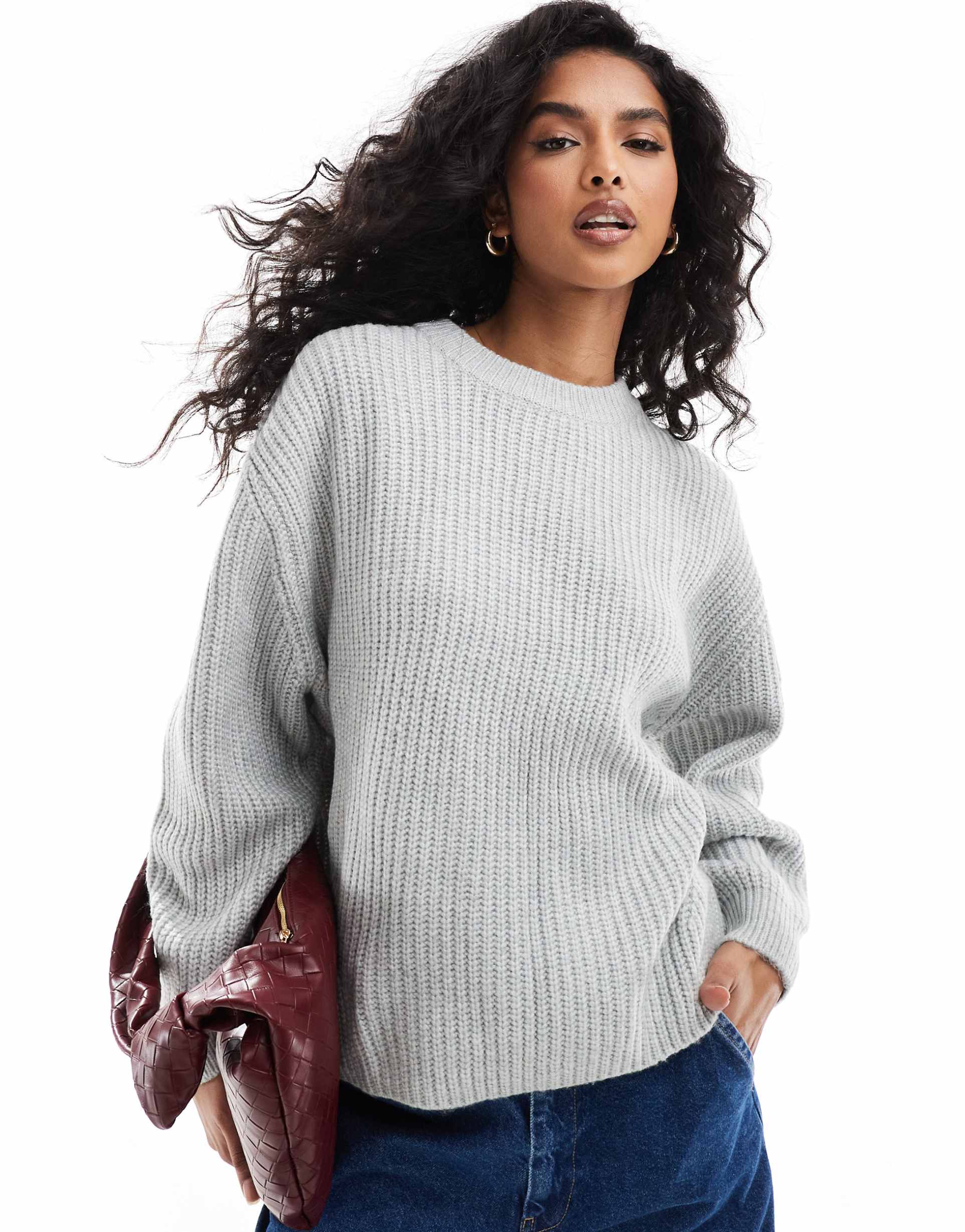 asos design chunky crew neck rib sweater in gray