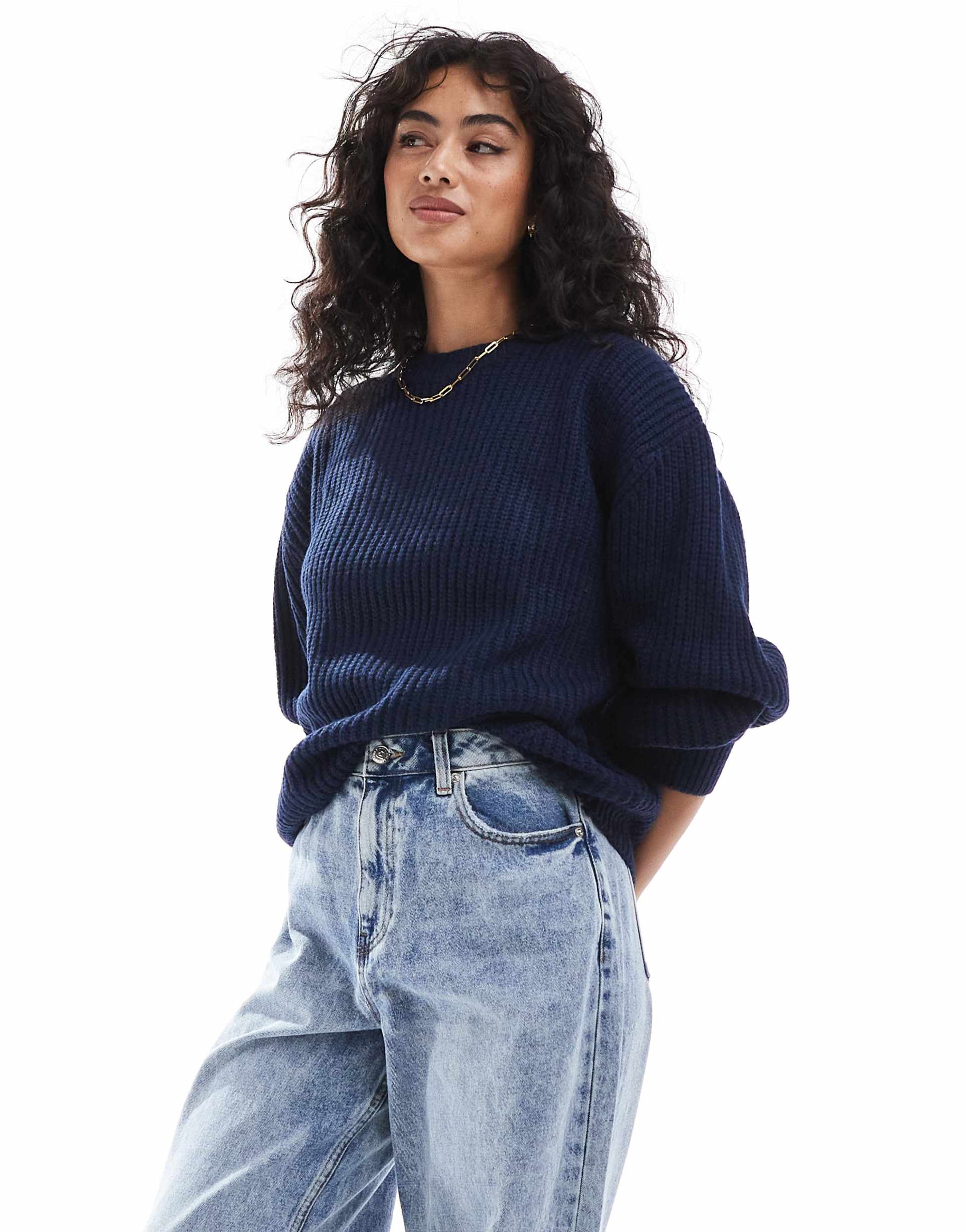asos design chunky crew neck rib sweater in navy