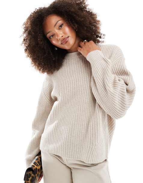 ASOS DESIGN chunky crew neck rib sweater in oatmeal - view 1