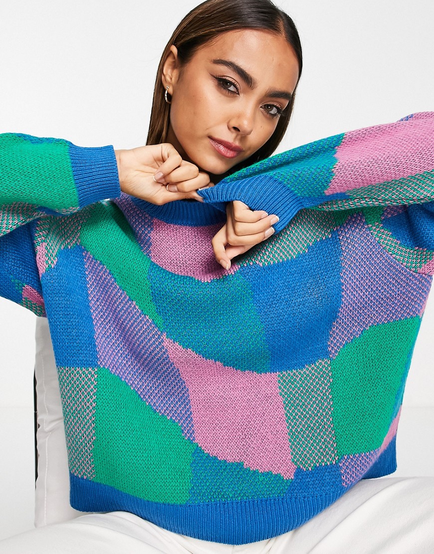 ASOS DESIGN chunky crew neck sweater in abstract plaid in blue