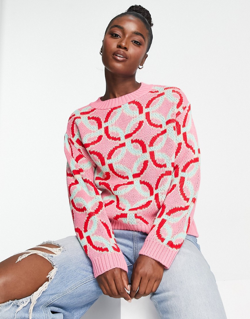 ASOS DESIGN chunky crew neck sweater in geo pattern in pink
