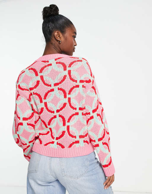 ASOS DESIGN chunky crew neck sweater in geo pattern in pink | ASOS